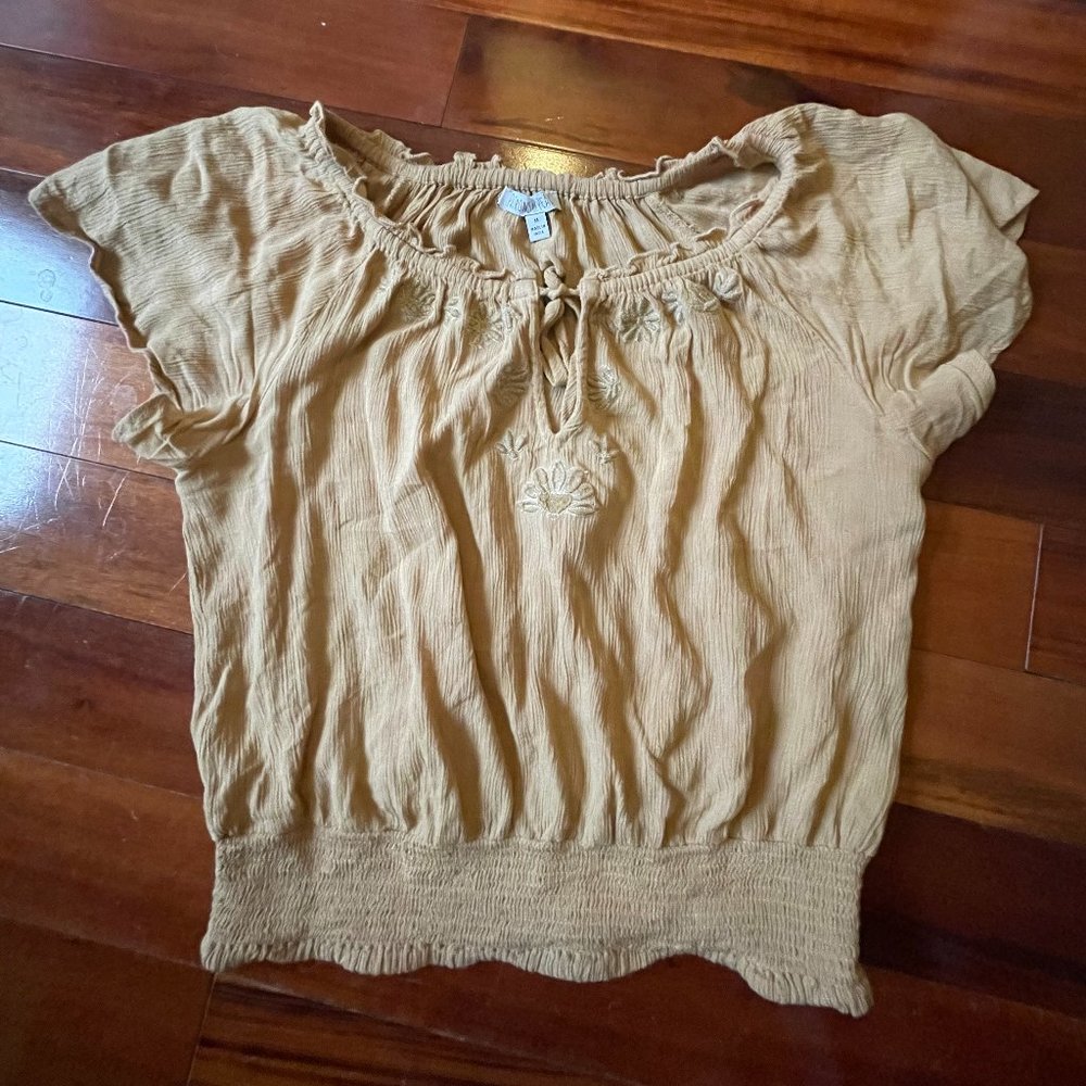 Patrons of Peace cute tan embroidered top